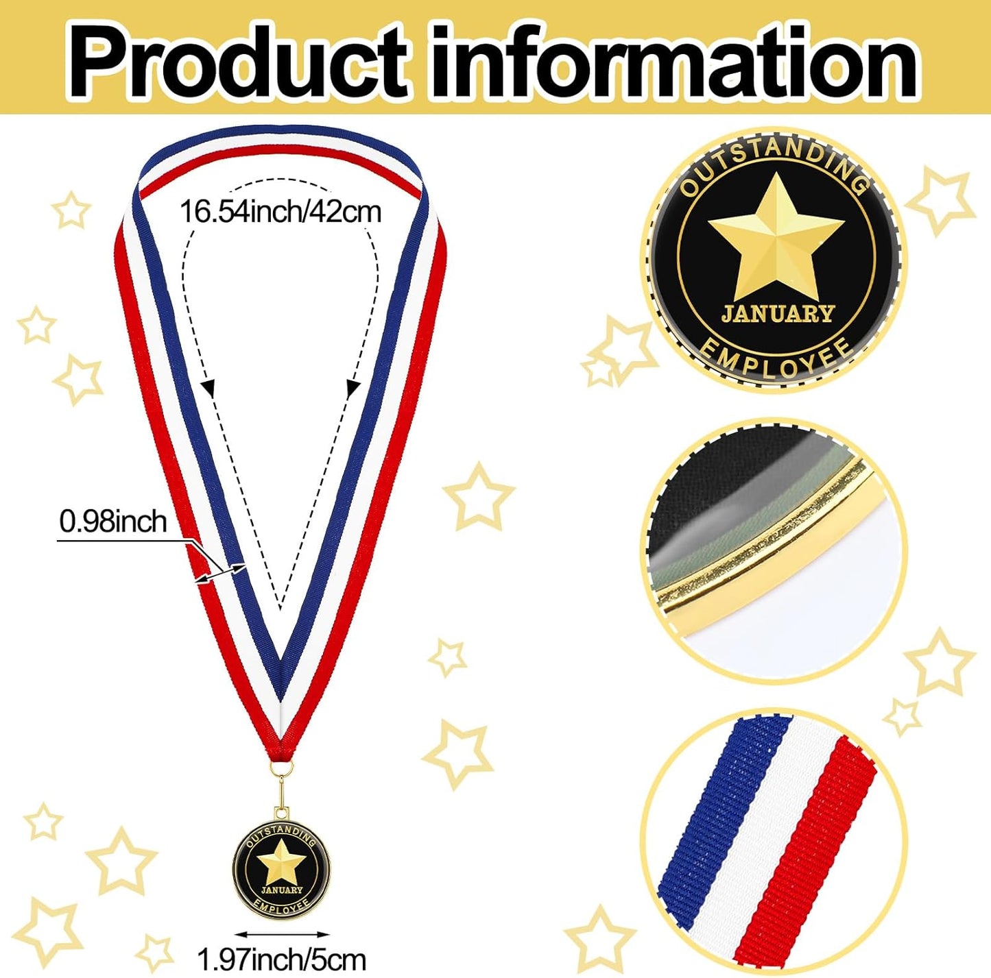 12 Pcs Employee of the Month Medal with Neck Ribbons You Make a Difference Award Medals Employee Appreciation Gifts 1-12 Month Gold Enamel Star Recognition for Coworker Team Staff Retirement Reward