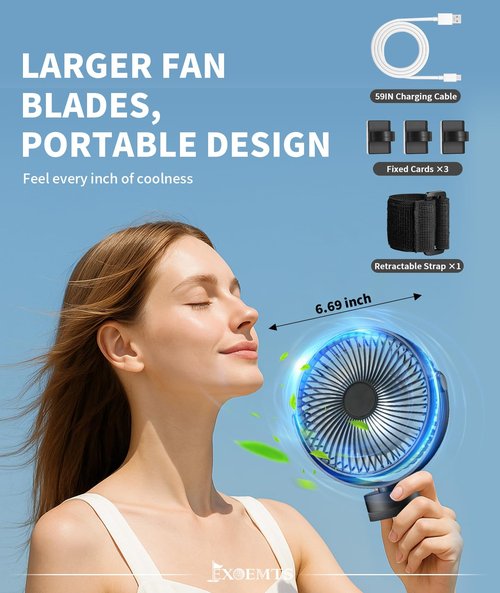 EXOEMTS Magnetic Golf Cart Fan Rechargeable, 10000mAh Battery, 4-Speed Quiet Cruise Fan with LED Light, 360° Portable Rotation, Strong Magnet Base, USB-C, Compatible with EZGO Club Car YAMAHA, 1 PCS