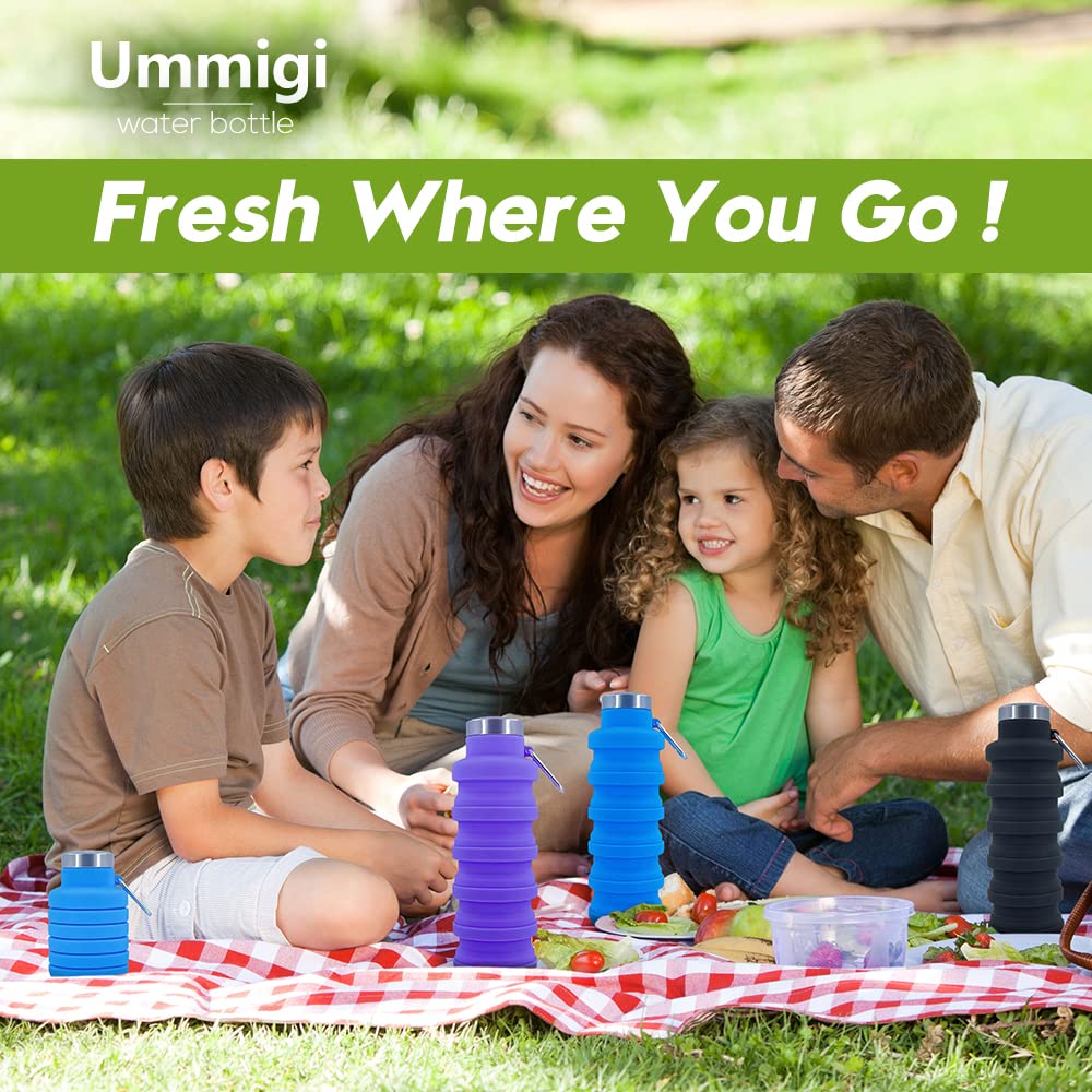 Ummigi Collapsible Water Bottles，2 pack BPA Free Travel Silicone Water Bottle with Carabiner，17oz Reusable Foldable Lightweight Portable Sports Water Bottle for Travel Gym Camping Hiking