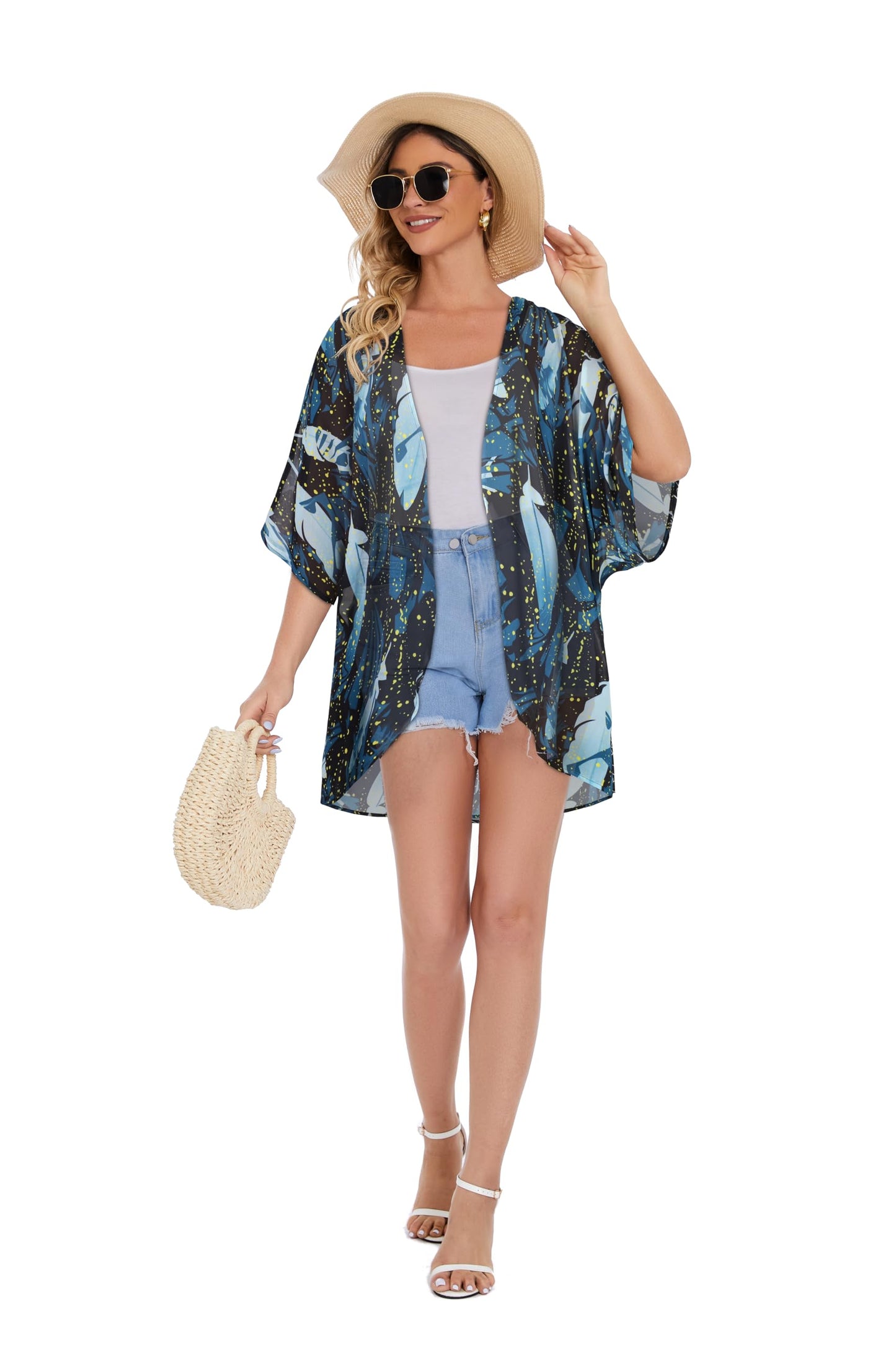 Womens Casual Coverup Summer Kimono Cardigan Hawaiian Shirts Loose Blouse Duster （Firefly Blue Print,2XL）