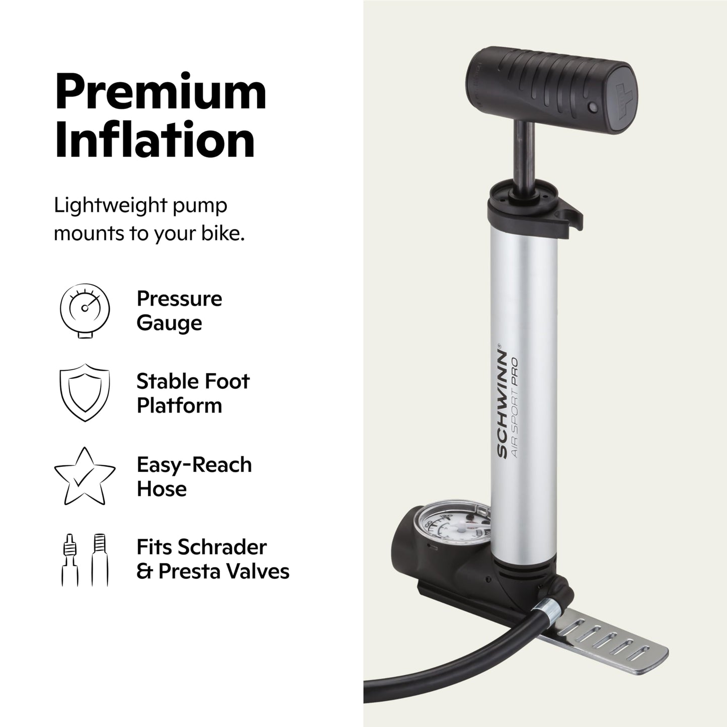 Schwinn Air Sport Pro Frame Pump, Black, Pressure Gauge, Portable, For Mountain, Cruiser and Electric Bikes, with Frame Mount Attachment, Dual Head for Schrader and Presta Valves, Manual Air Pump