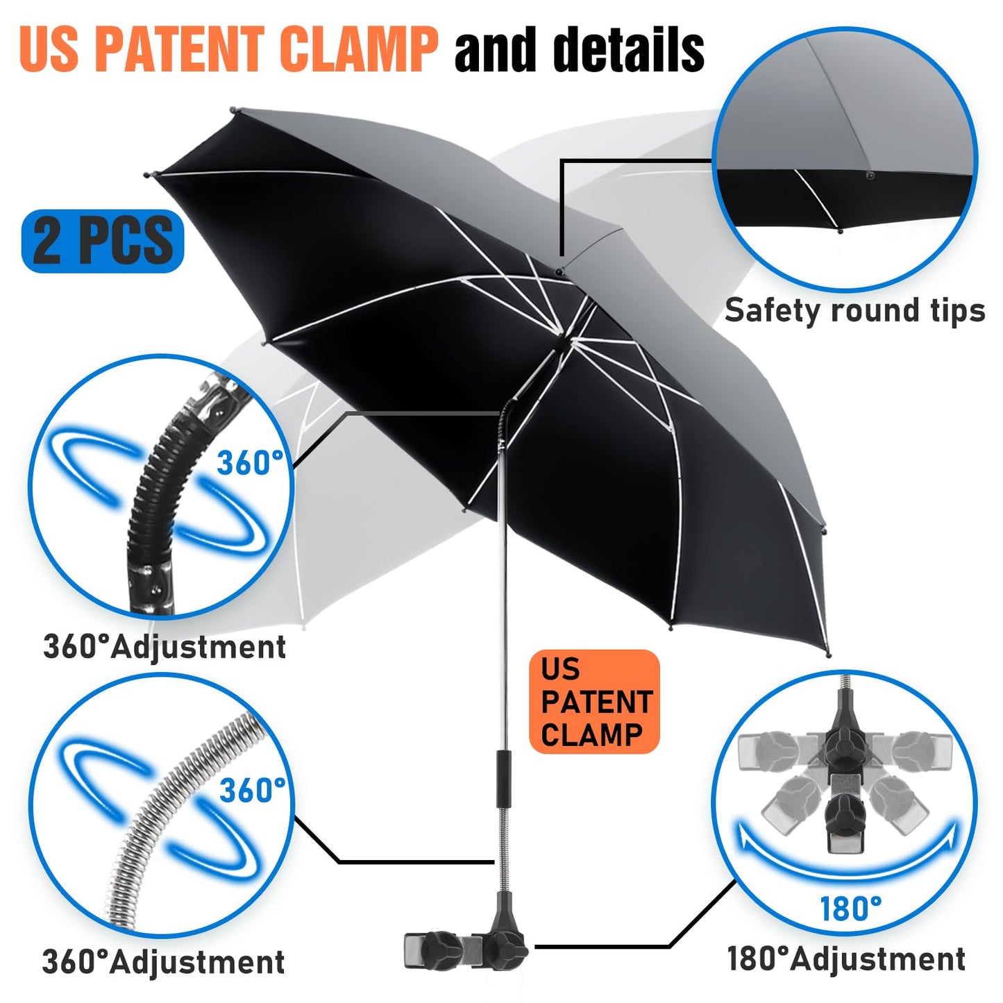 NBtoUS 2 PACK Chair Umbrella with Clamp, 360 ° Adjustable, UPF50+ Sunshade for Beach Chair, Patio Chair, Camping Chair, Golf Carts（Grey, Chair Not Included
