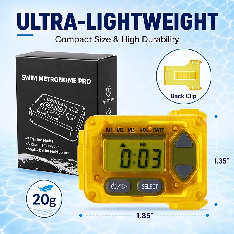 Yellow Swim Tempo Trainer IP68 Waterproof Audible Metronome & Stroke Timer - 3 Training Modes