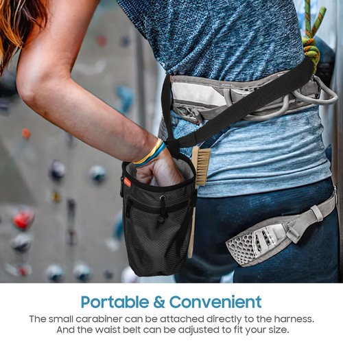 MoKo Climbing Chalk Bag with Chalk Brush, Waterproof Nylon Bouldering Chalk Bag Bucket with 2 Large Zippered Storage Pockets Drawstring Closure Adjustable Belt Chalk Bag for Climbing Gymnastics, Black