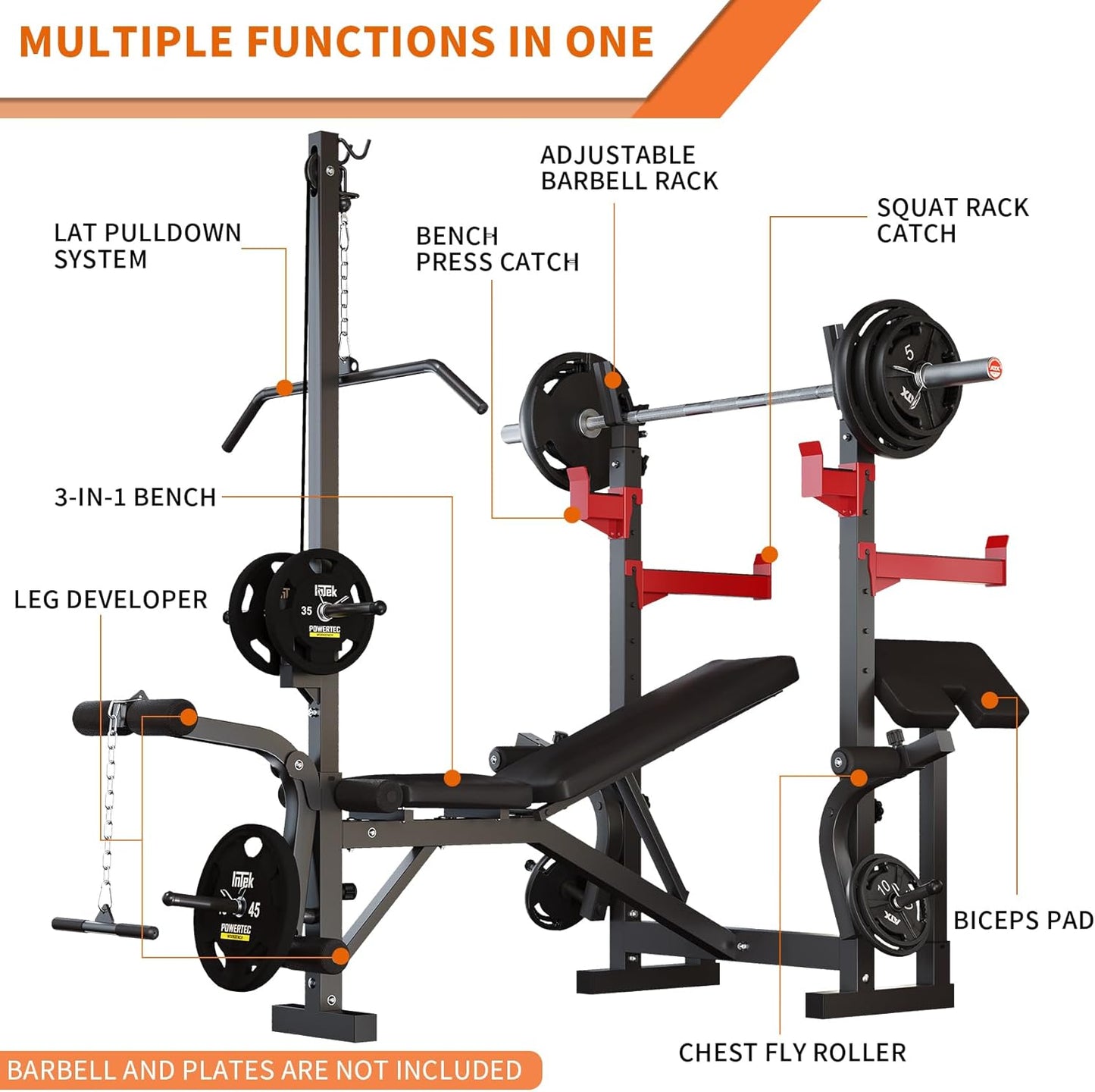 10-in-1 Adjustable Weight Bench Set, 1000 LBS Heavy Duty Multi-Function Bench Press Set with LAT Pulldown System and Squat Rack, Full-Body Strength Training Equipment for Home Gym