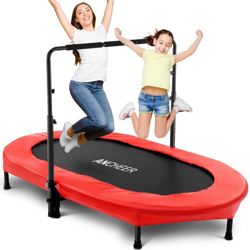 ANCHEER 56" Double Kids Trampoline with Adjustable Handlebar, 220lbs Capacity - Indoor/Outdoor Foldable Jumper for 2+ Users (ASTM Certified)
