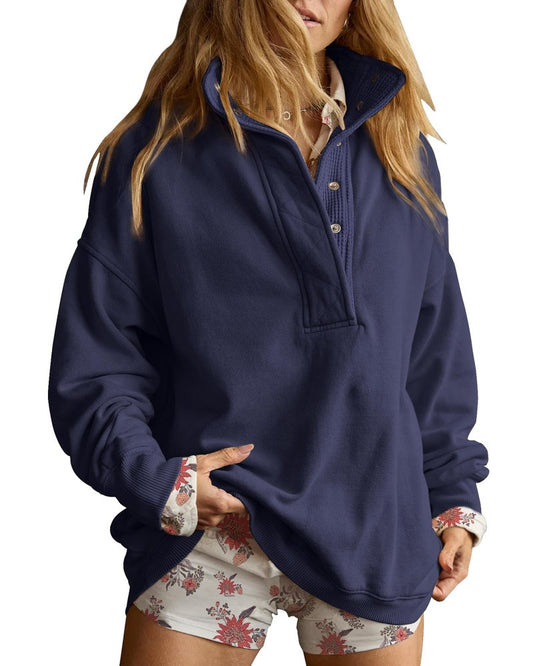 Gacaky Sweatshirt for Women Oversized Casual Long Sleeve Button Henley Neck Pullover Tops Fashion Outfits Clothes Navy L