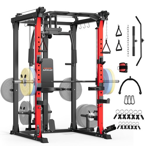 ARMAC Smit Machine, Multi-Functional Power Cage for Home Gym, 2000LBS Squat Rack with Two LAT Pull-Down Systems, Cable Crossover Machine and and More Cable Attachment (Black)
