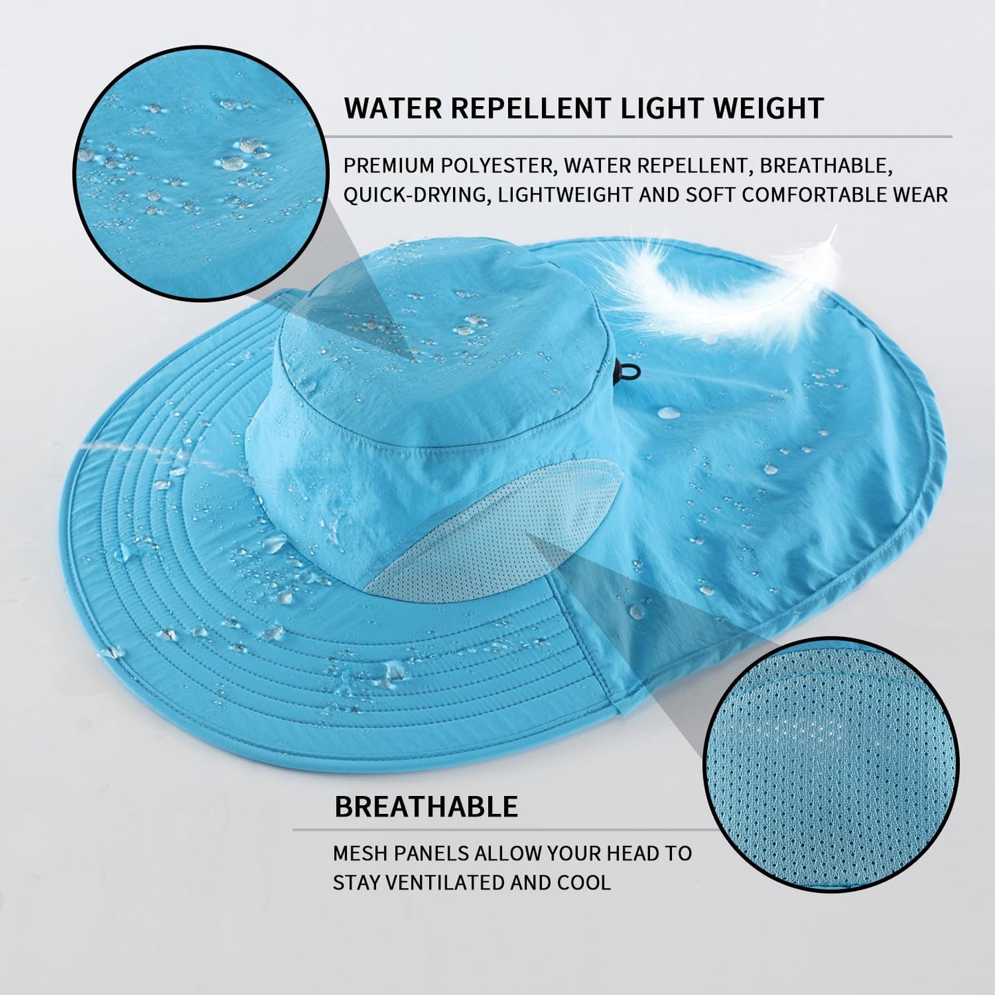 Home Prefer Outdoor UPF50+ Sun Hat Wide Brim Mesh Fishing Hat with Neck Flap (Aqua Blue)
