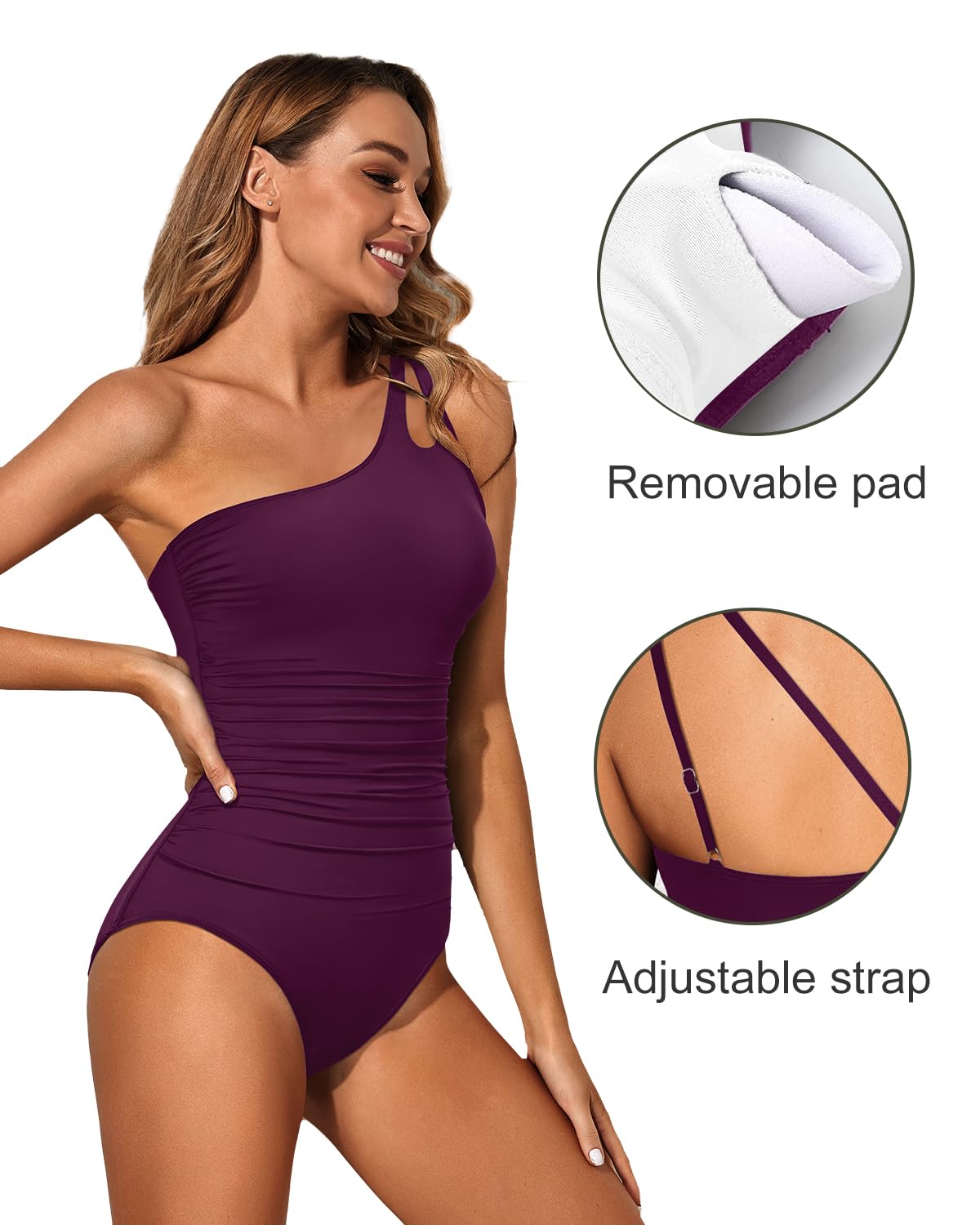 Holipick One Shoulder One Piece Swimsuit for Women Tummy Control Bathing Suits Modest Full Coverage Keyhole Swimwear Maroon