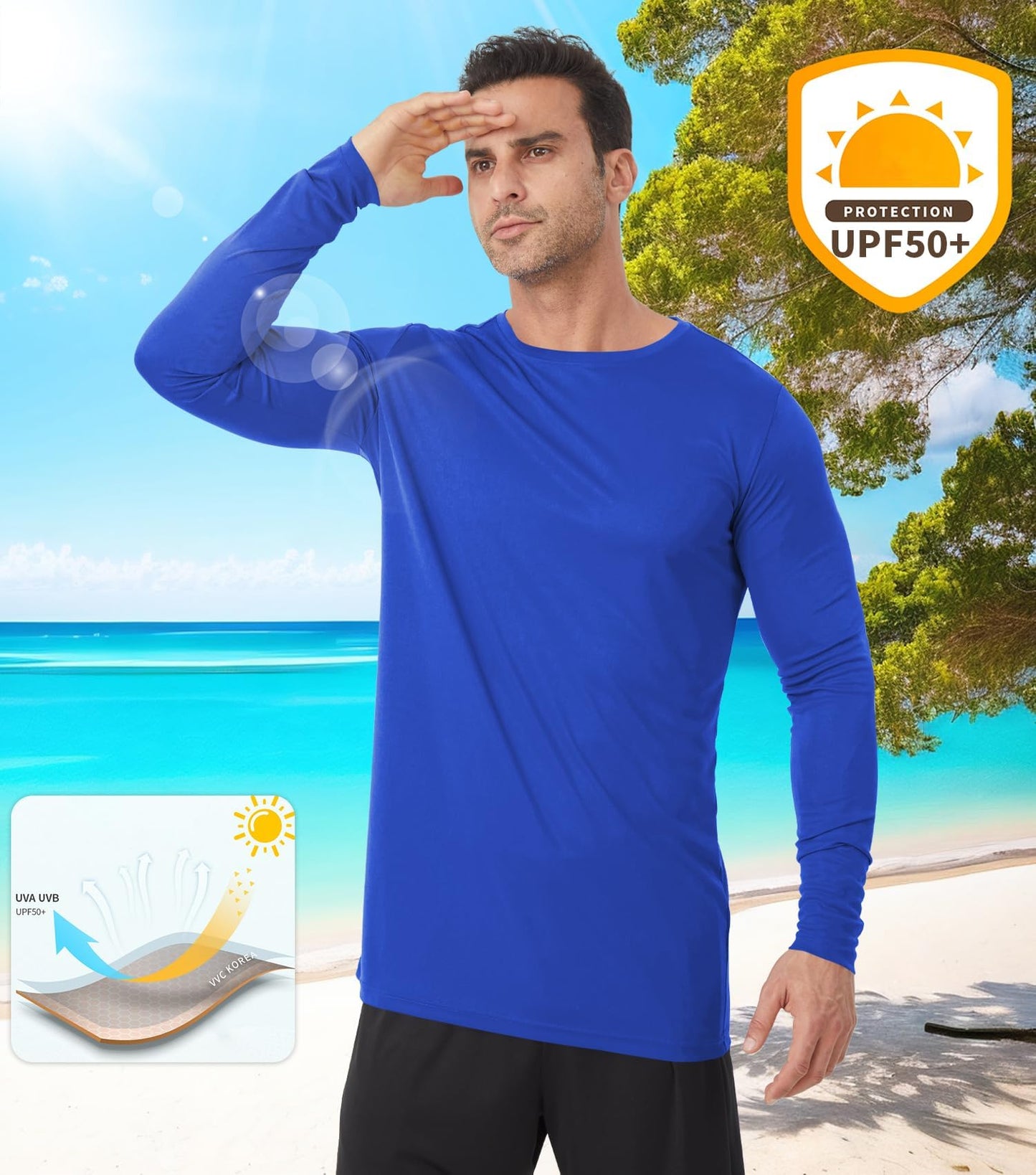 Idtswch Mens Tall Rash Guard UPF 50+ Long Sleeve Sun Shirts Quick Dry UV Protection Tee for Fishing Swimming Hiking Blue