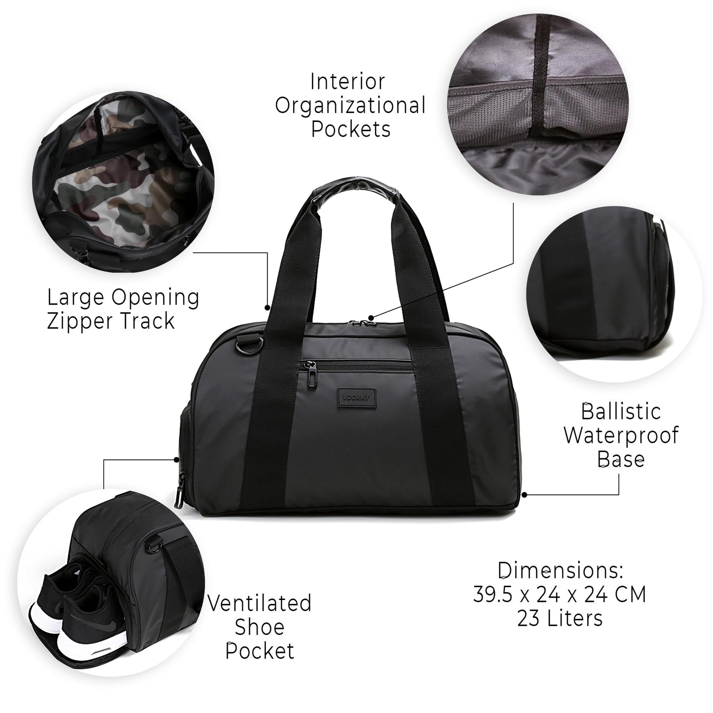 Vooray Burner Gym Duffel Bag – 23L Small Gym Bag for Women and Men with Shoe Compartment and Water Bottle Pocket, Lightweight Travel Duffle for Training, Sports, Overnight Use (Matte Black)