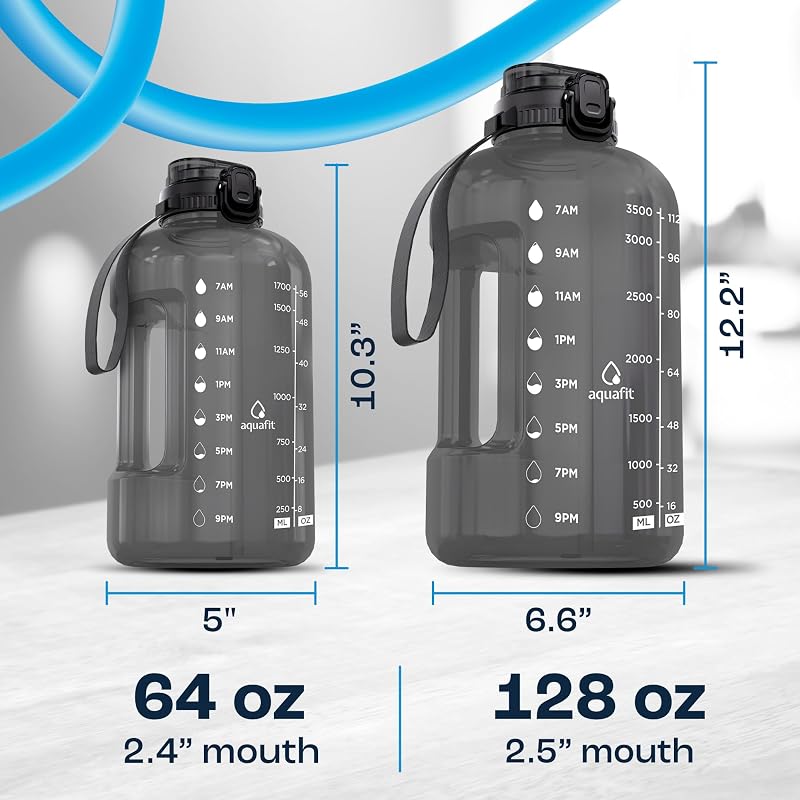 AQUAFIT 1 Gallon Water Bottle with Time Marker + 2-in-1 Lid, Gray 128 oz