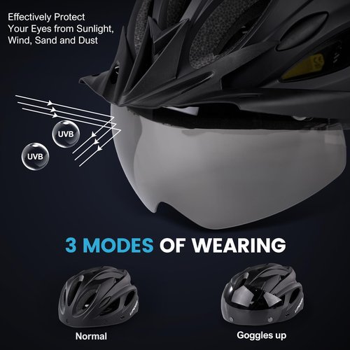 Bike Helmet with Goggles, Visor, Rear Light for Adult Men Women - CPSC, CE Bicycle Helmet Lightweight & Adjustable &Chin Pad, Cycling Helmet for All Purpose Bike, Suggested Fit 58-62cm(Matte Black)