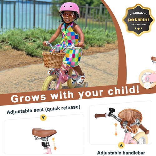Petimini 12 Inch Kids Bike for Age 2 3 4 Years Old Little Girls Toddlers Retro Vintage Style Bicycles with Basket Training Wheels and Bell, Pink