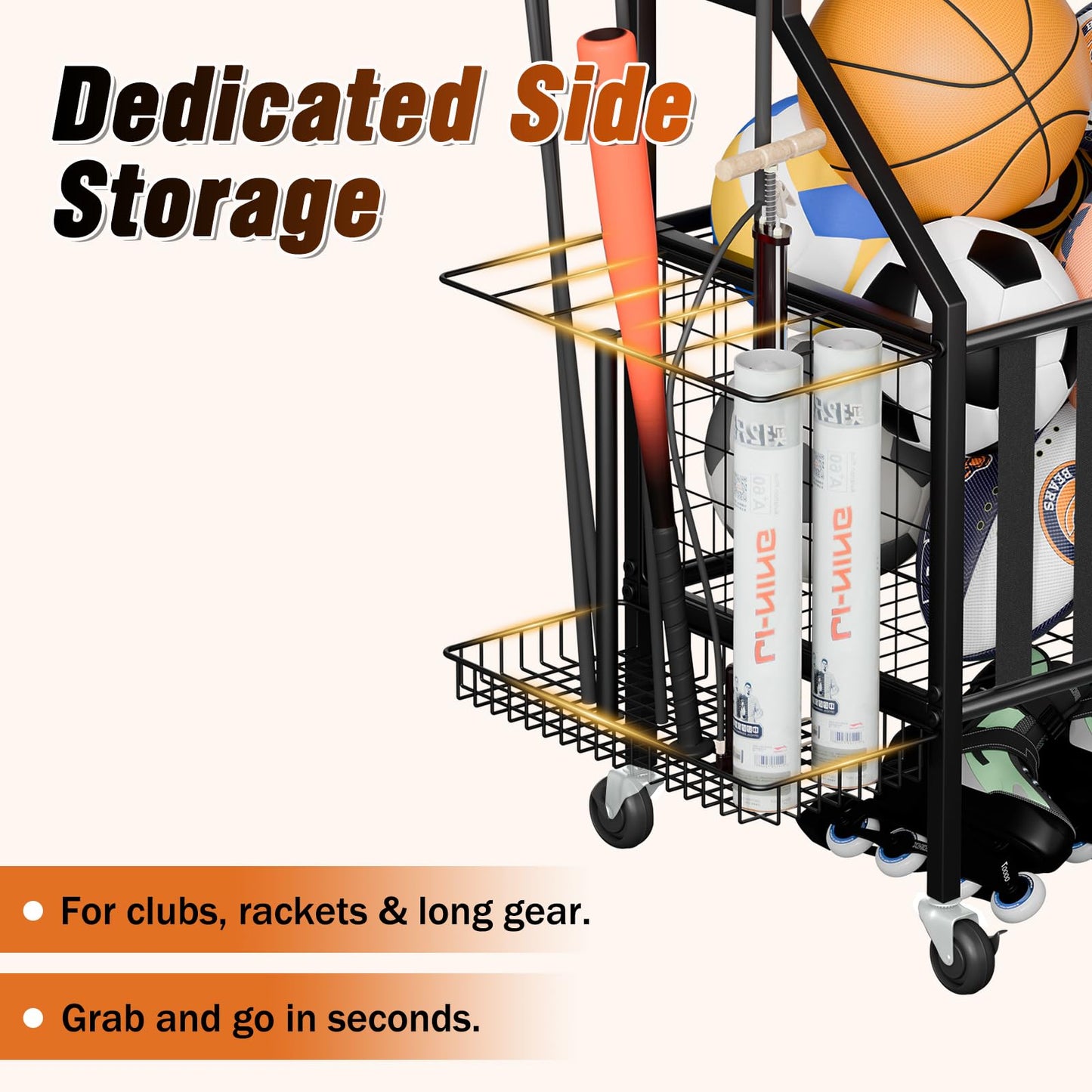 JIRTEMOT Sports Equipment Organizer Pro, Heavy Duty Golf Bags Stand, Extra Large Ball Storage Rack for Garage, Sports Gear Storage with Pegboard and Hooks, 360° Swivel Wheels