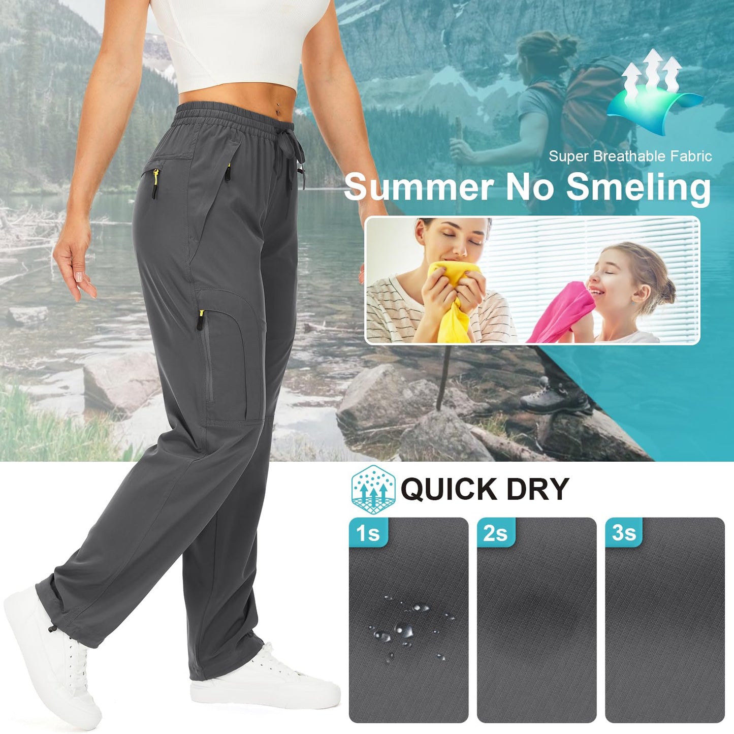 Womens Hiking Pants Quick Dry UPF 50 Lightweight Travel Golf Cargo Safari Pants Zipper Pockets,6608,Dark Grey,Tall XL