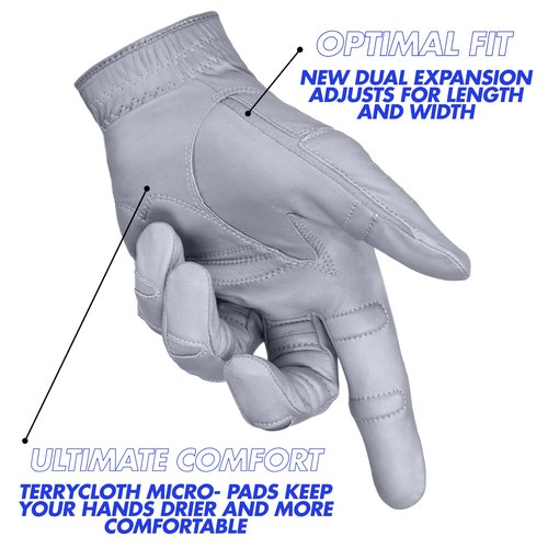 Men's StableGrip with NaturalFit 2.0 Golf Glove with Dual Expansion Thumb for Best Fit - Premium Cabretta Leather… (Gray, Large, Left)