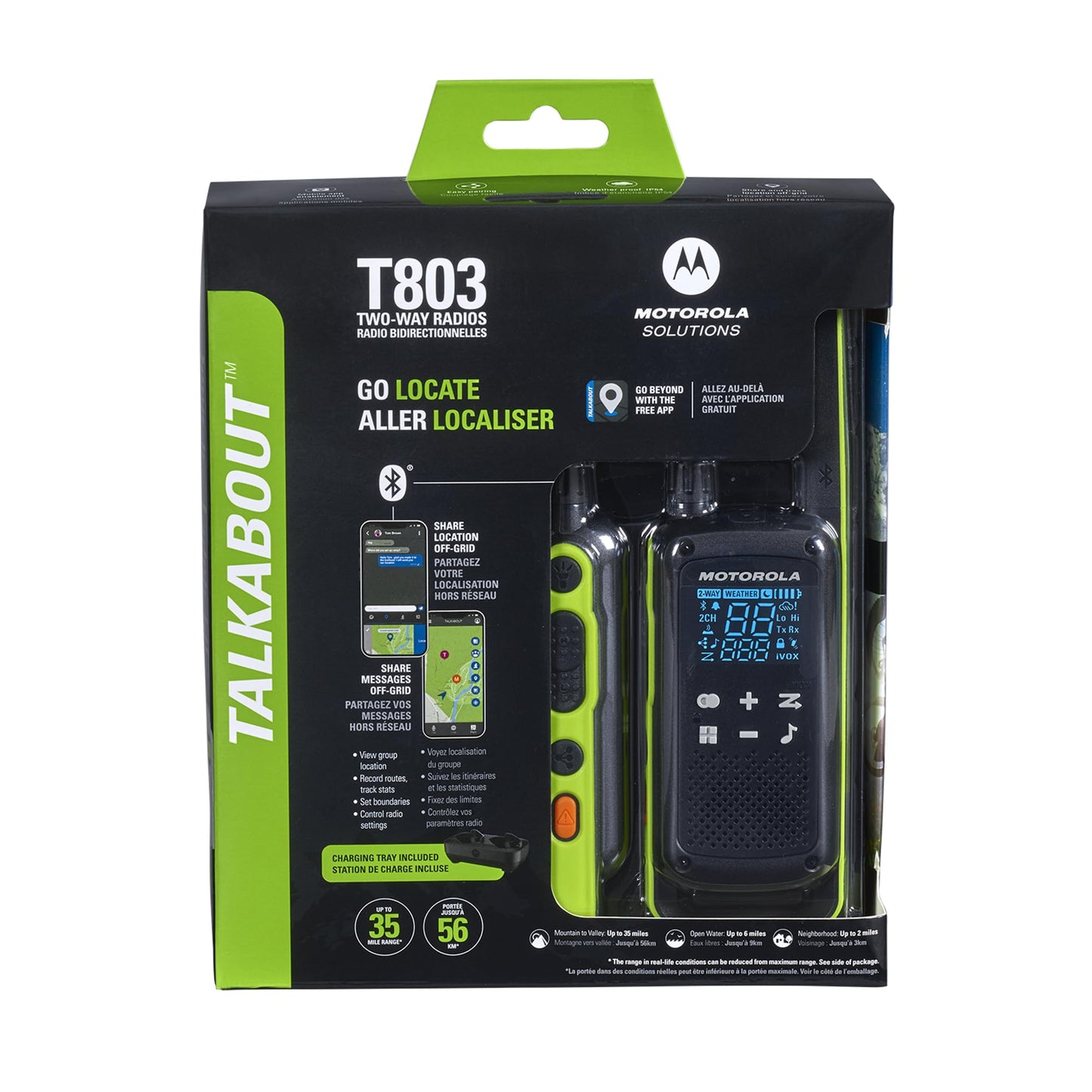 Motorola Solutions T803 Waterproof IP54 Two Way Radio Walkie Talkie 35 mi. Bluetooth w/Charging Dock 2-Pack (Lime Green)