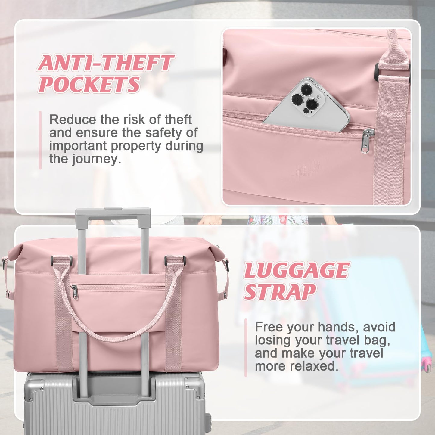 Womens travel bags, weekender carry on for women, sports Gym Bag, workout duffel bag, overnight shoulder Bag fit 15.6 inch Laptop Pink Large