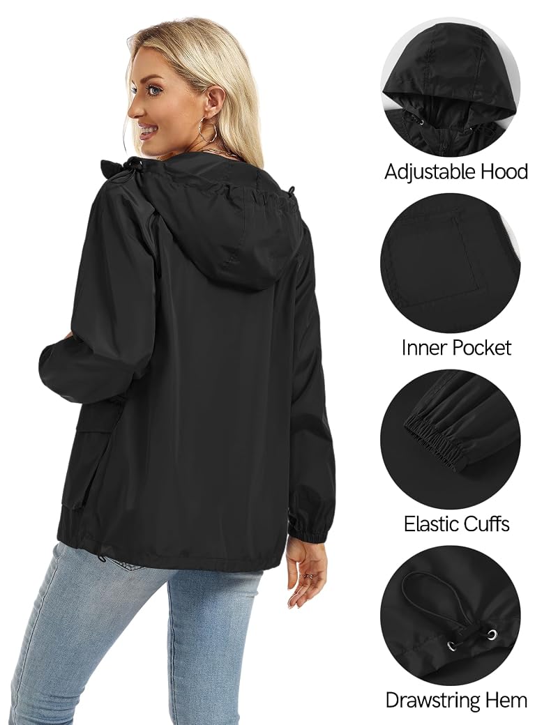 Avoogue Lightweight Packable Hooded Rain Jacket for Women - Black, Small