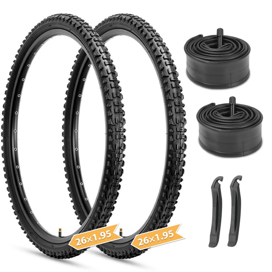 2-Pack Mountain Bike Tires Set: Hycline 26x1.95 Inch (54-559 mm) Folding Replacement Puncture Resistant High-Density Bicycle Tires and Pair Inner Tubes with Tire Levers for MTB Off-Road Bike