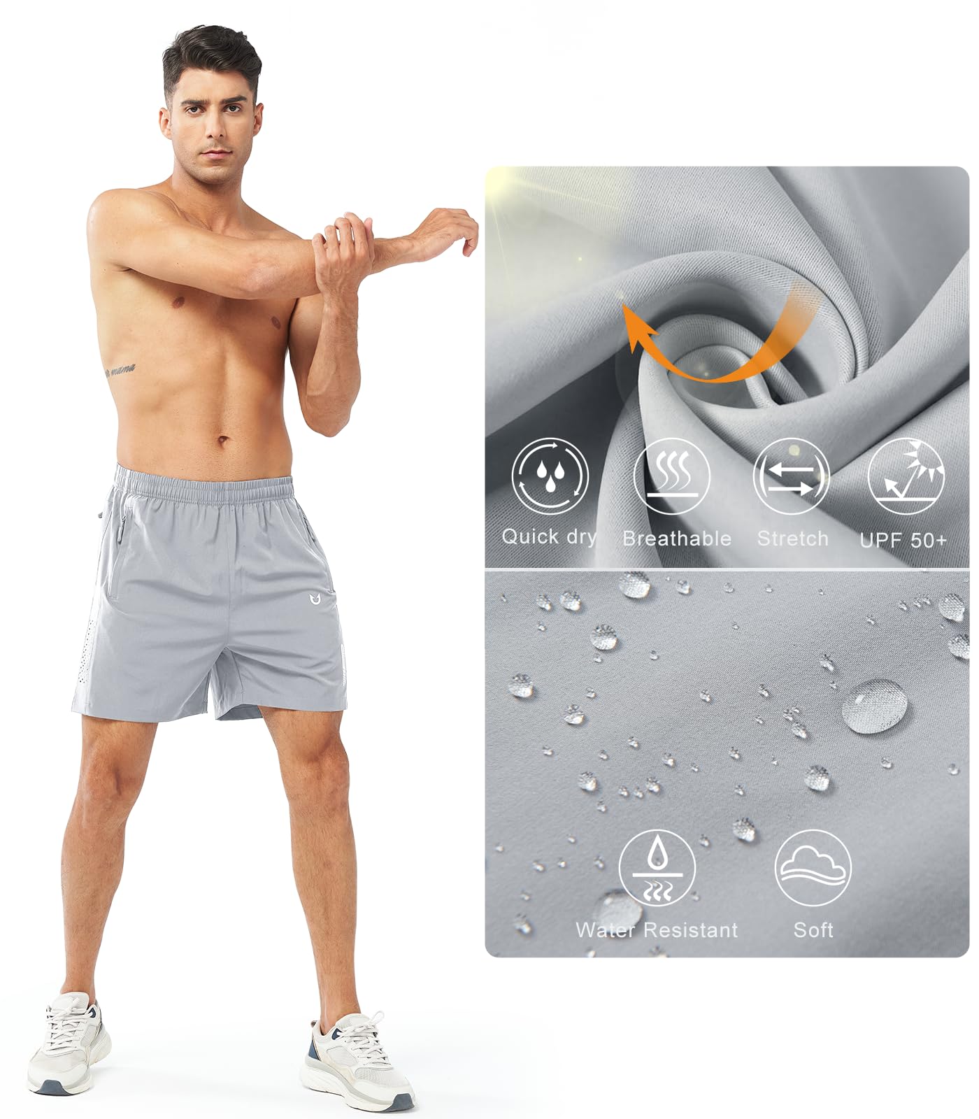 NORTHYARD Men's Athletic Running Shorts Gym Workout 7"/9"/5" Quick Dry Lightweight Sports Basketball Tennis 3 Zipper Pockets GREY-5inch L