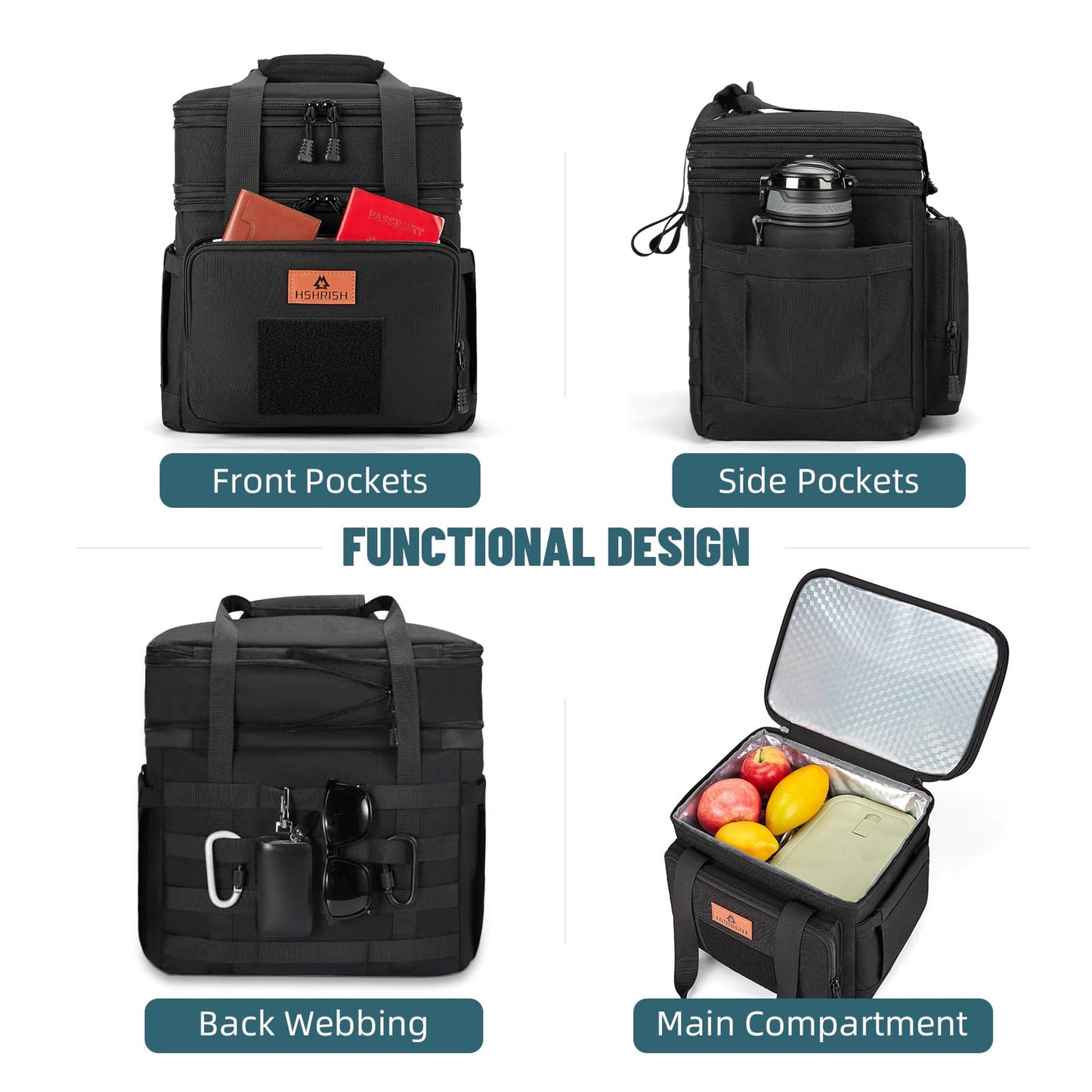 HSHRISH Lunch Box for Men, Large Expandable Insulated Lunch Bag, Durable Leakproof Tactical Cooler Bag for Adults to Work Picnic Beach Day Trips, 16 L, Black
