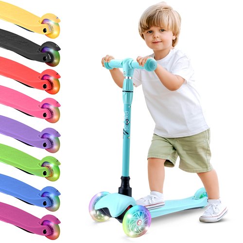 Hurtle Mini Kickboard Scooter for Kids - Height Adjustable 25''-28'', Lightweight 3-Wheel with LED Light-up Wheels, Anti-Slip,Indoor/Outdoor Fun, Micro Scooters for Ages 2-5 (Teal)