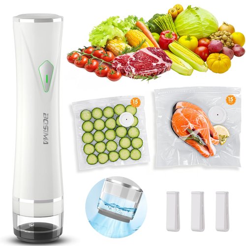 BOSIMIA Compact Handheld Vacuum Sealer for Food Storage with 30 Reusable Vacuum Bags – Cordless Food Vacuum Sealer Machine, Auto-Stop, Creative Drainer, 5S Fast Seal Meal, Leak-Proof for Meat Fruits