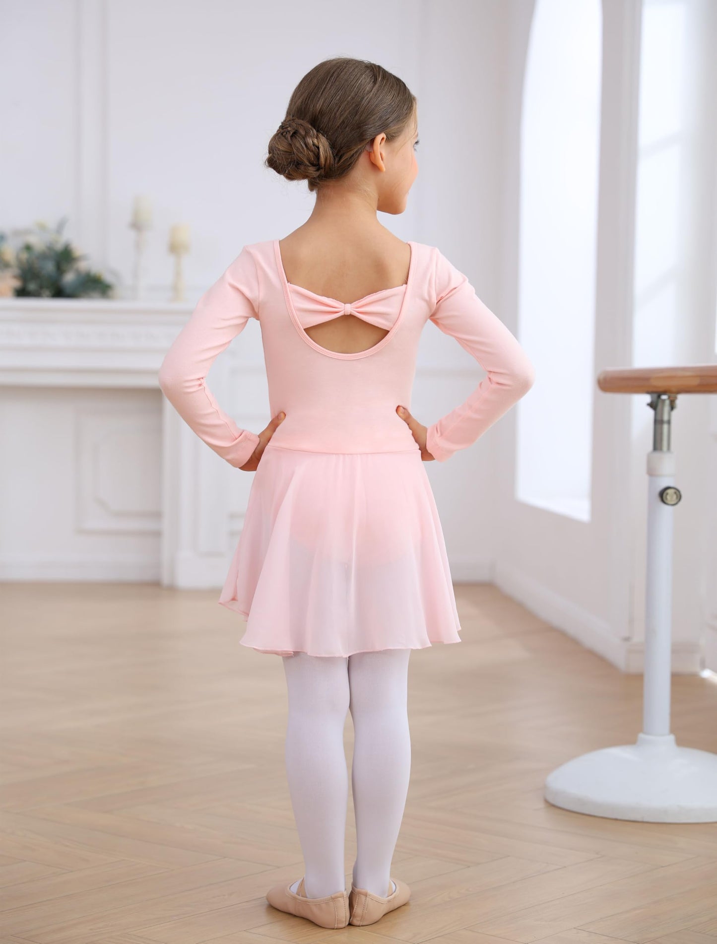 MdnMd Long Sleeve Toddler Ballet Leotards for Girls Dance Leotard Skirted Gymnastics Ballerina Dress AM300 (Ballet Pink, 2-4 Years)