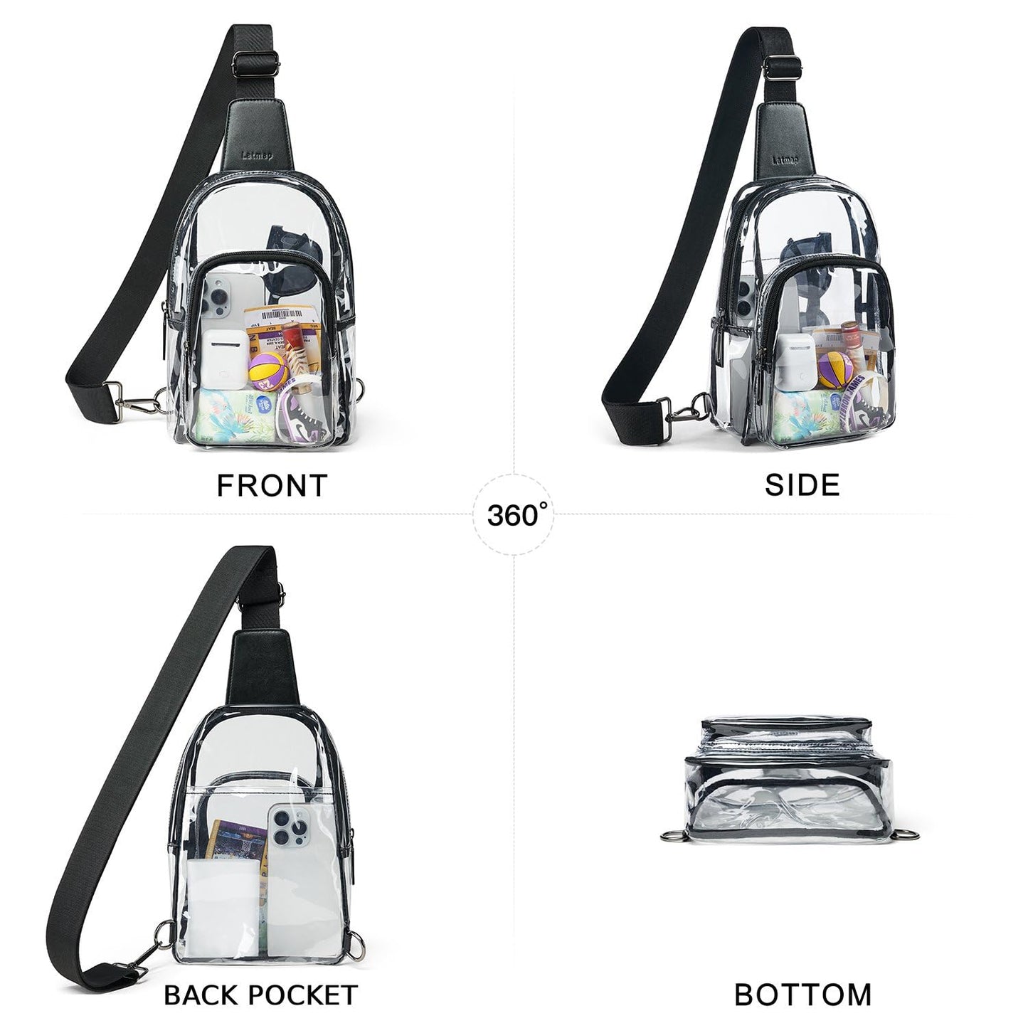 LATMAP Clear Bag for Stadium Events, Clear Purse for Women Stadium Crossbody Bag, Transparent Backpack for Concerts Sports-Black
