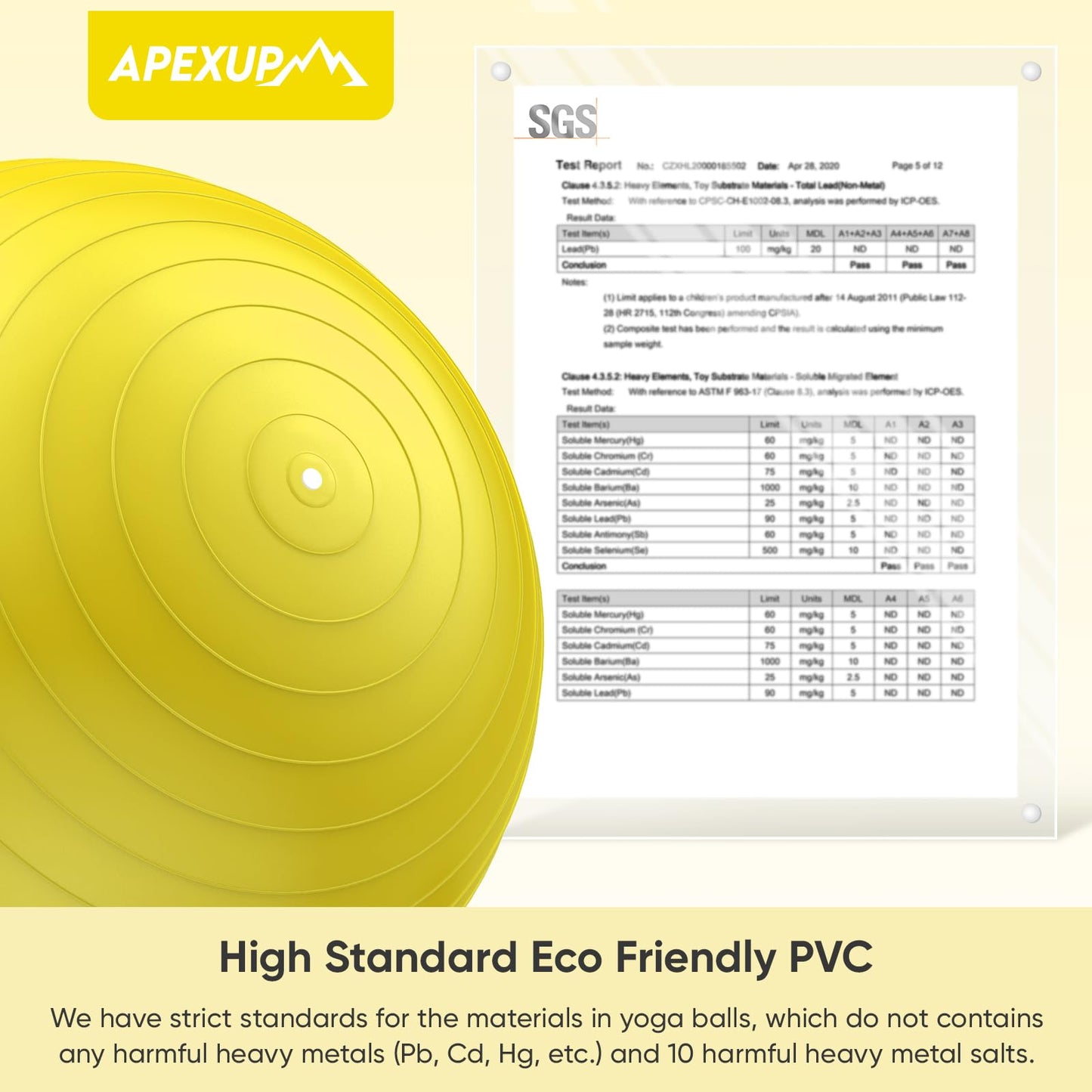 APEXUP Yoga Ball, 660 lbs Anti-Burst Exercise Ball with Pump, 5 Sizes (XL (27"~30") 75cm, Yellow)