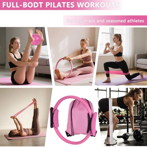 KABCON Pilates Ring Essentials Set for Women with 9.8” Exercise Ball,Elastic Bands, Yoga Socks, Carrying Bag, 13-Pcs Home Workout Set
