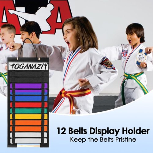 OGANAZI 12 Belts Karate Belt Display Rack with Personalized Stickers, Taekwondo Belt Display Holder with Bamboo Medal Rack, Felt Jiu Jitsu Belt Hanging Holder for Taekwondo, Karate, BJJ Learners