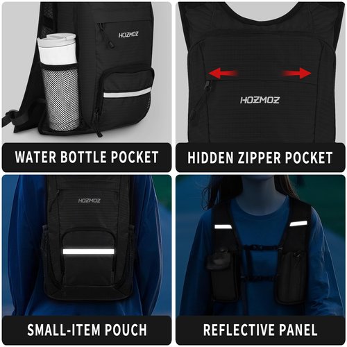 HOZMOZ 10L Small Hiking Backpack For Women Men, Lightweight Travel Packable Back Pack, Foldable Camping Hiking Daypack With Vest-style and Touchscreen Phone Pocket (Black)