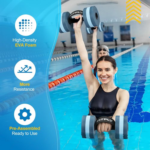 Fitply Water Weights Aquatic Pool Dumbbells for Swimming Exercise - EVA Foam Swim Pool Weights with Handle Strip, 2PCS Lightweight Water Dumbbells, Aerobics Swimming Exercise Equipment (Dark Blue)