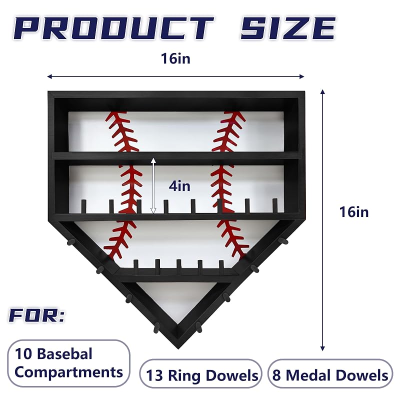 Montex Black Baseball Ring Display Case Wall Mount — Wooden 13 Ring Posts
