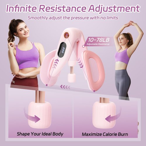 QIUTONG Thigh Master 2025 Upgraded, 10-78LB Thigh Master Thigh Exerciser, LED Inner Thigh Exerciser, 360° Pelvic Floor Exercise Devices, Hip Trainer Kegel Excerciser, 20LB Resistance Band, Light Pink