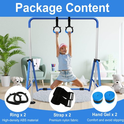 Tepemccu Gymnastics Rings for Kids, Pull Up Rings with Adjustable Straps for Children Home Gym Strength Training (Blue)