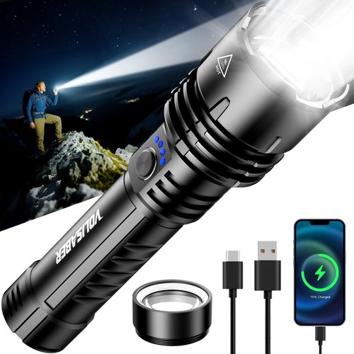 VOLISABER Flashlight 2000 High Lumens with Ignition Lens, Rechargeable Super Bright Zoomable LED Flash Light, 5 Modes Waterproof Handheld Powerful Tactical Flashlights for Camping Essentials Emergency