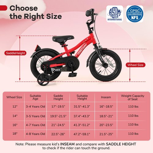 COSTWAY 12 Inch Kids Bike, Children Toddler Bicycle with Training Wheels, Adjustable Seat & Handlebar, Handbrake & Coaster Brake, Reflectors, Bell, Suitable for 3-8 Years Old Boys Girls, Red