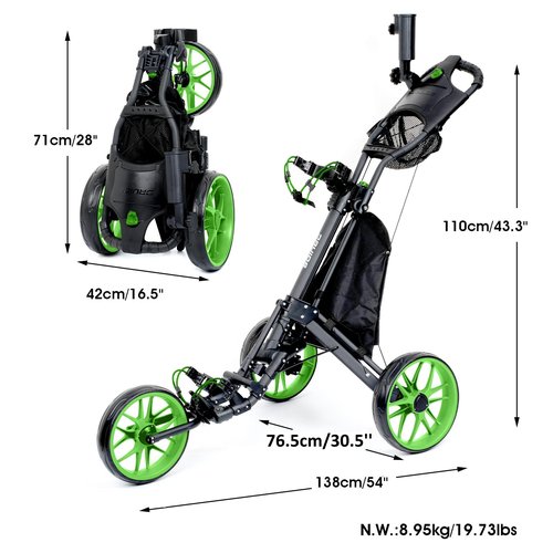 DRUIDS 3 Wheel Golf Club Caddy Cart : Easy Fold Pushing Golf cart, Adjustable Walker Trolley Golf Cart, Pull Type Golf Caddie with Cup, Umbrella Holder, Cooler, Green
