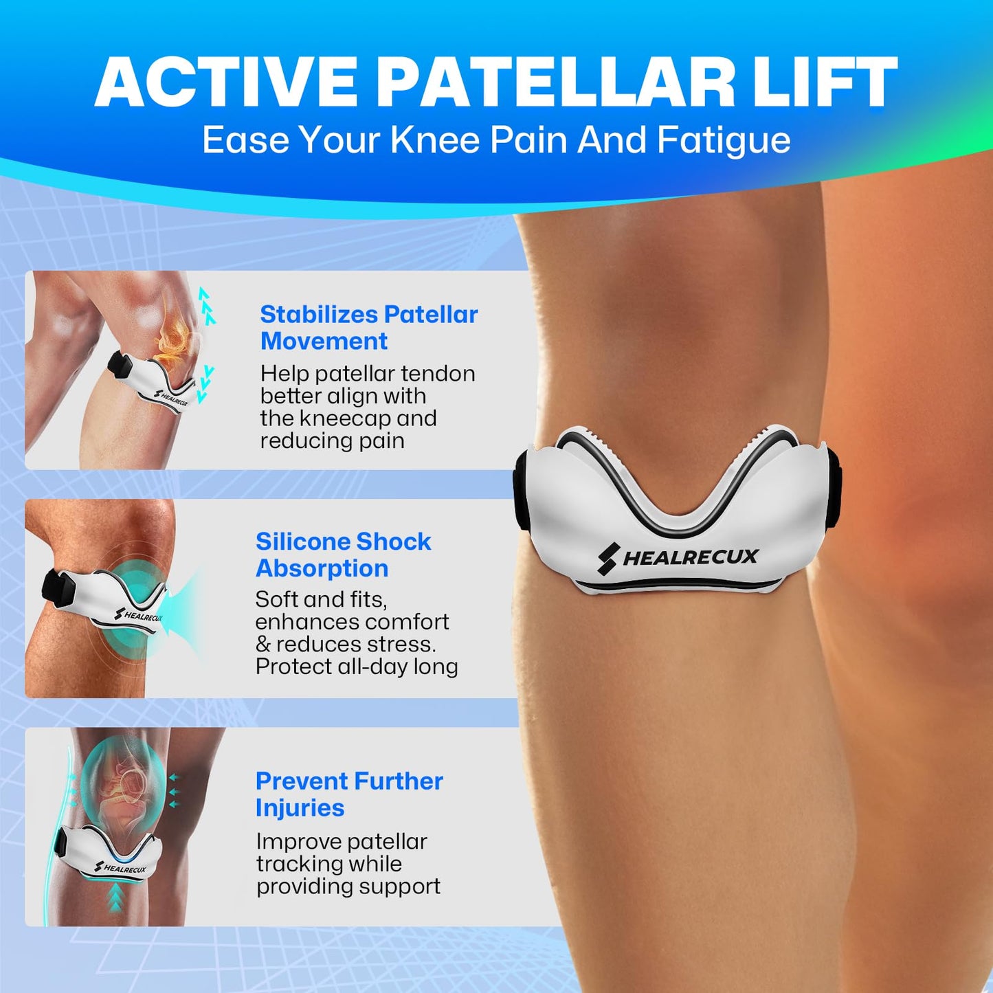 Healrecux Patellar Tendon Support Strap, Silicone Patella Knee Strap, Non-Slip Patella Band Knee Brace for Jumpers Knee, Tendonitis, Basketball, Volleyball - White 1 Pack