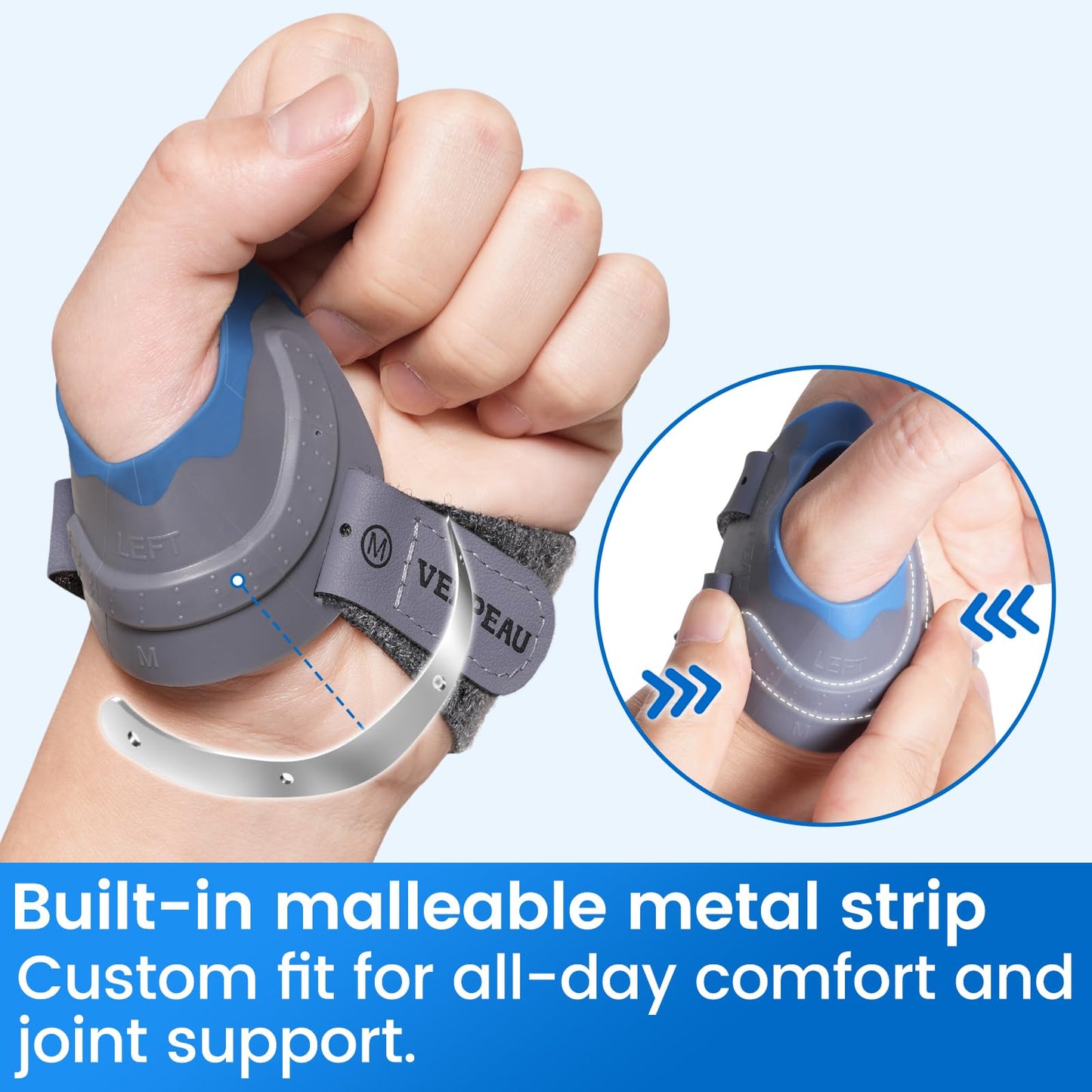Velpeau CMC Thumb Brace for Osteoarthritis - with Shape-memory Restriction Splint, CMC Joint Stabilizer, Basal Thumb Arthritis Pain Relief and Support for Women and Men (Blue, Right Hand, Medium)