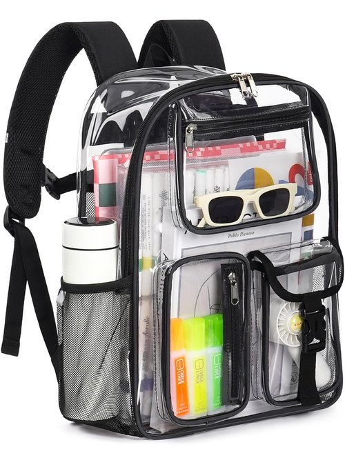 QOECI Heavy Duty Clear Backpack For School, 17 Inch Large Clear Bookbag For Kids Boys Girls Women Men, 360° 3M Reflective Strips See Through Backpack, Multi-Pockets Tranparent Bag, College Work, Black
