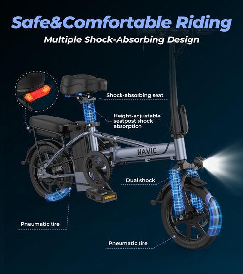 NAVIC Electric Bike for Adults, 750W Peak Folding Ebike, 14" Adults Electric Bicycles with 499.2Wh Removable Battery, 22Mph Max Speed, 40Miles Range, Multi-Shock Absorption, Commuting Mini EBikes