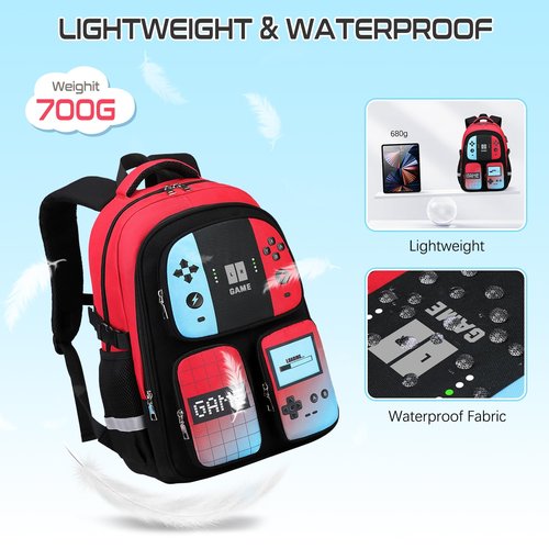 Gamer Backpack for Boys , 3PCS Boys Backpack with Lunch Box & Pencil Pouch, Waterproof School Bags for Boy Kids Children Teens, Elementary Middle School, Kids Book Bag Casual Daypack (Red Black)