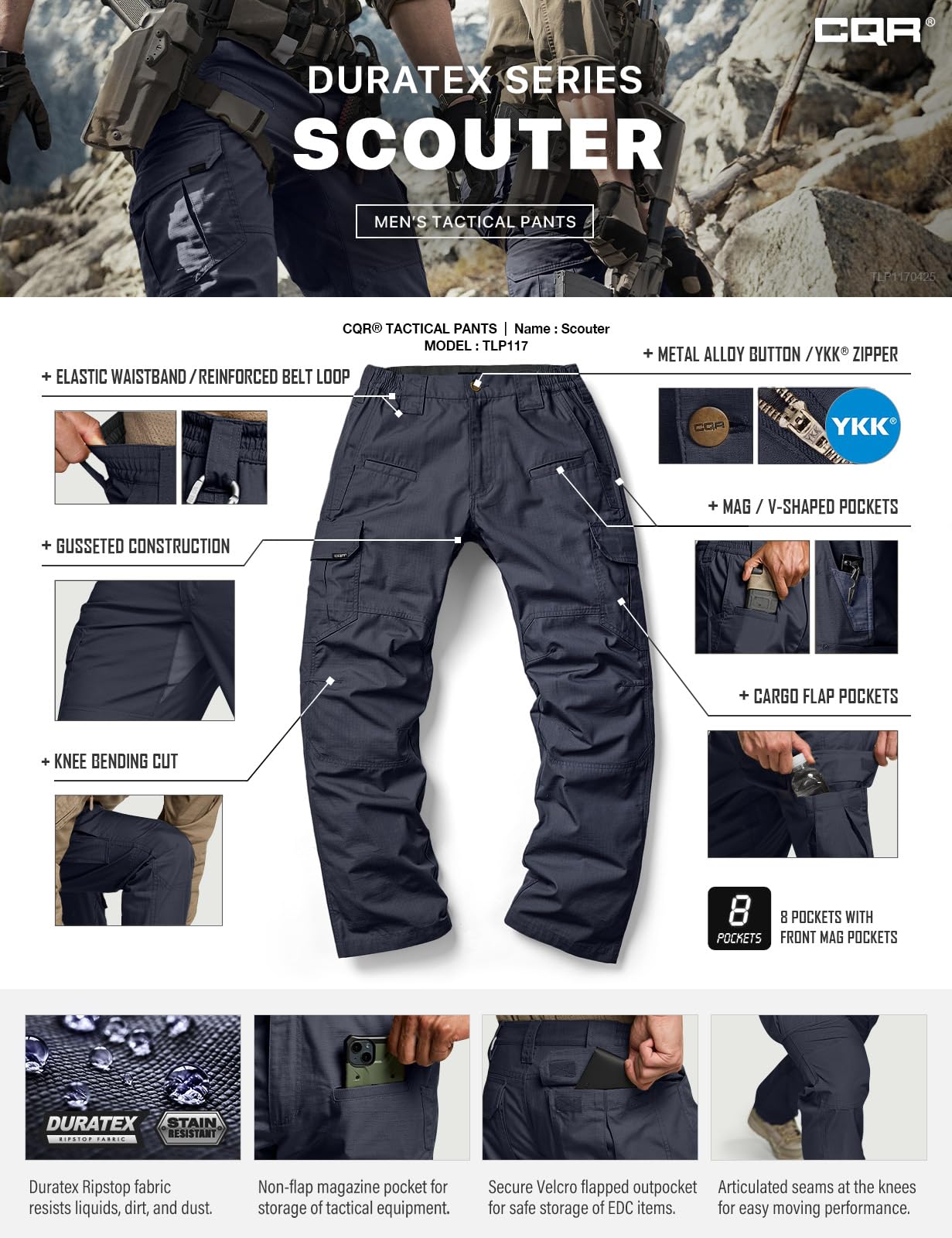 CQR Men's Tactical Pants, Water Resistant Ripstop Cargo Pants, Lightweight EDC Work Hiking Pants, Outdoor Apparel, Raider Police Navy, 30W x 30L