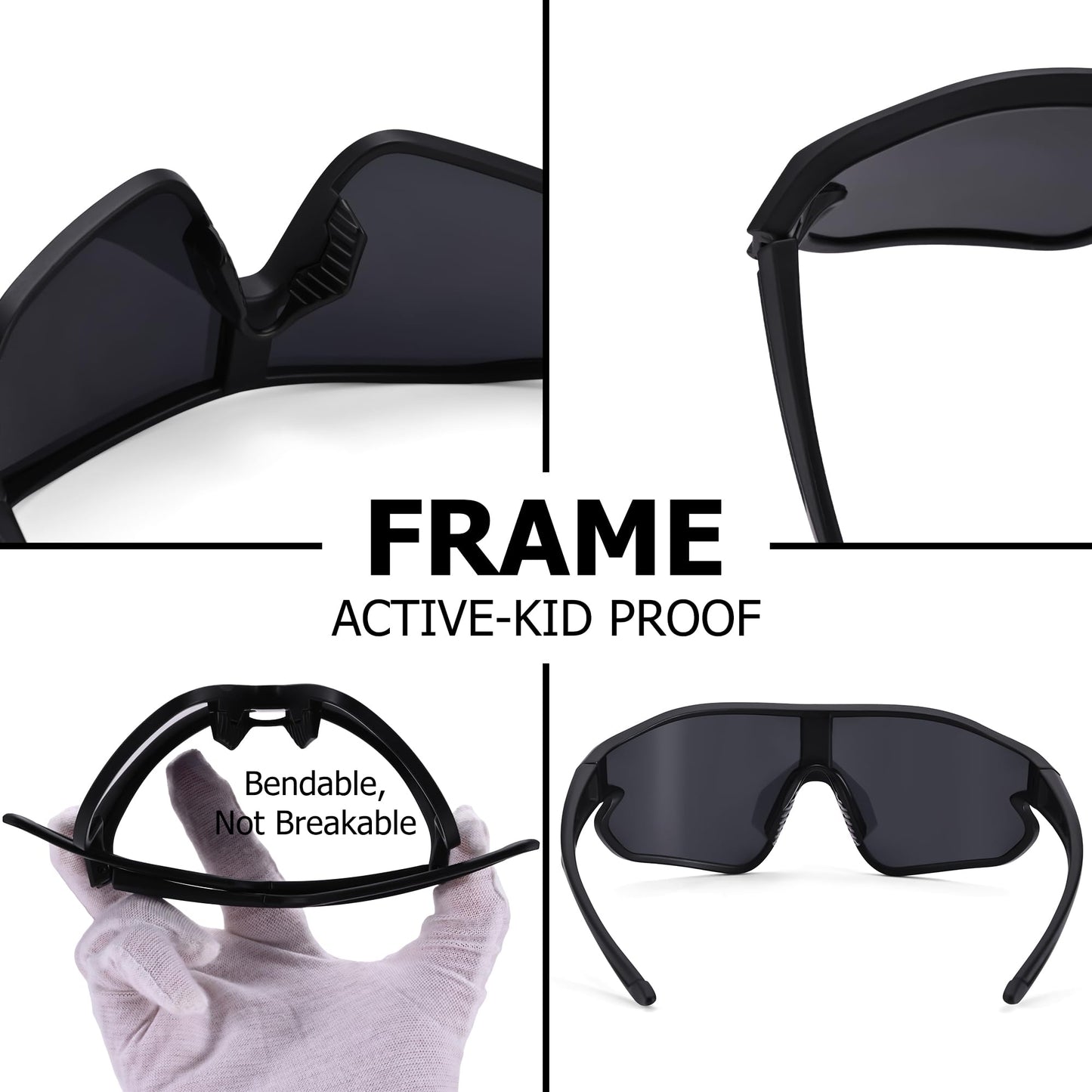 GLARDEFE Kids Baseball Sunglasses - Youth Baseball Sunglasses for Boys Girls - Sports Softball Shades Age 6-14(Black/Grey)